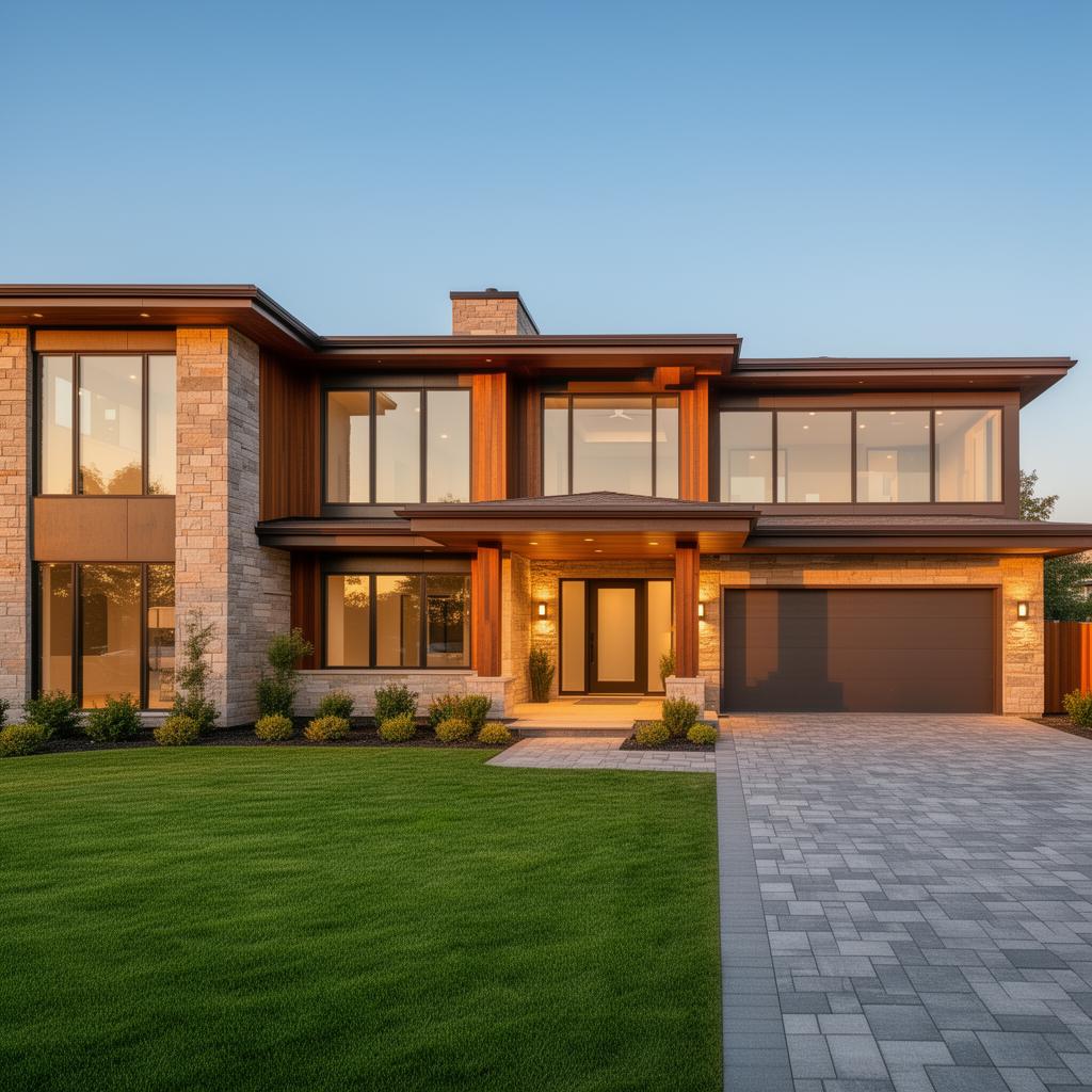 Modern luxury home exterior at golden hour